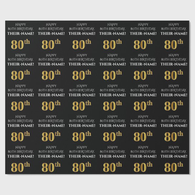 80:e födelsedag: Elegant, svart, faux Guld-utseend Presentpapper (Platt)