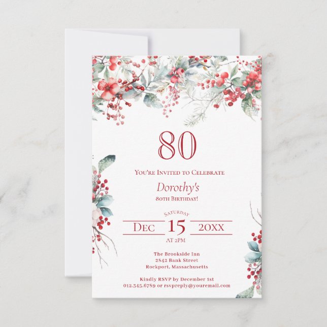 80:e födelsedag Elegant Winter Berry Botanical Inbjudningar (Framsida)