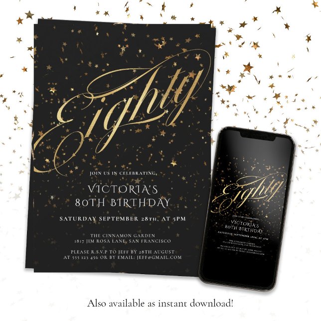 80:e födelsedag Eleganten Black Guld Confetti Inbjudningar (80th Birthday Eighty Black Gold Confetti Elegant Invitation)