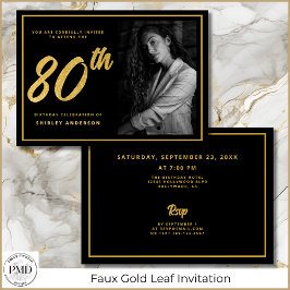 80:e födelsedag Eleganten Photo Black Faux Guld Lö Inbjudningar