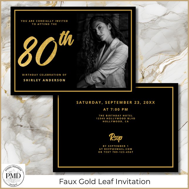 80:e födelsedag Eleganten Photo Black Faux Guld Lö Inbjudningar (80th Birthday Elegant Photo Black and Faux Gold Leaf Invitation with Party Details on the Back.)