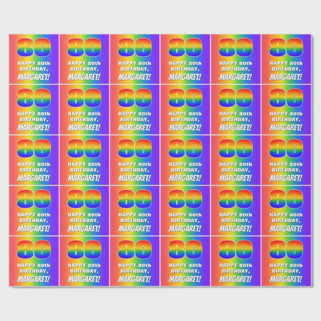 80:e födelsedag: Färgfull, Roligt Rainbow Mönster  Presentpapper (Platt)