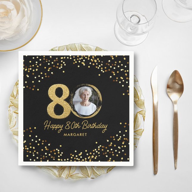 80:e födelsedag Foto Elegant Black Guld Glitter Pappersservett (Skapare uppladdad)