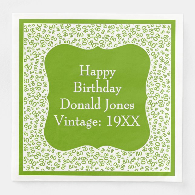 80:e födelsedag Grönt/vit hakparentnummer Mönster Pappersservett (Framsida)