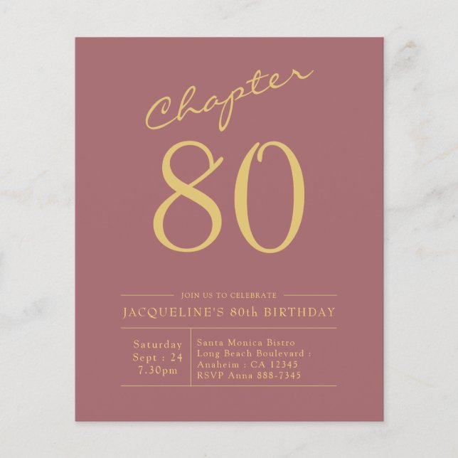 80:e födelsedag Guld Rosa budgetinbjudan Flygblad (Framsidan)