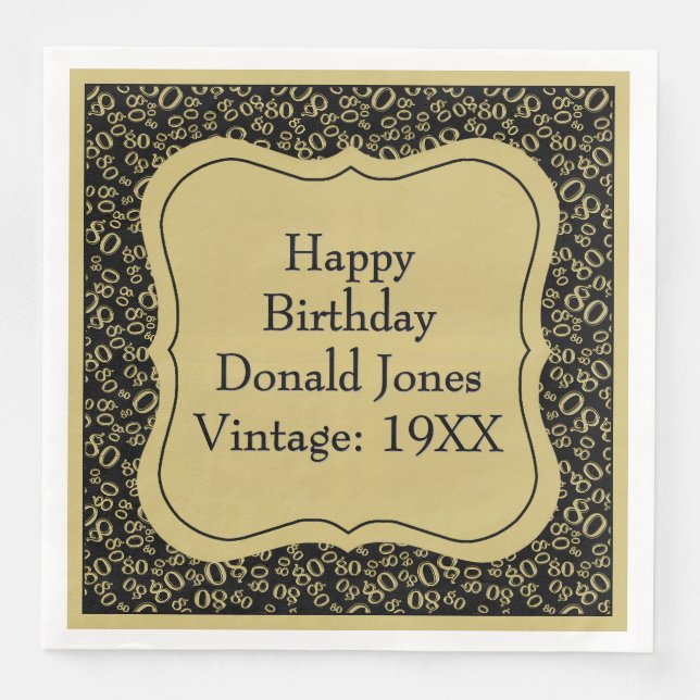 80:e födelsedag Guld/Svarta parentesnummer Mönster Pappersservett (Framsida)