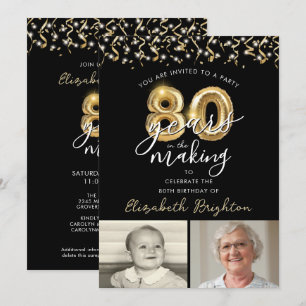 80:e födelsedag med svart Guld 2-fotobubblor Inbjudningar