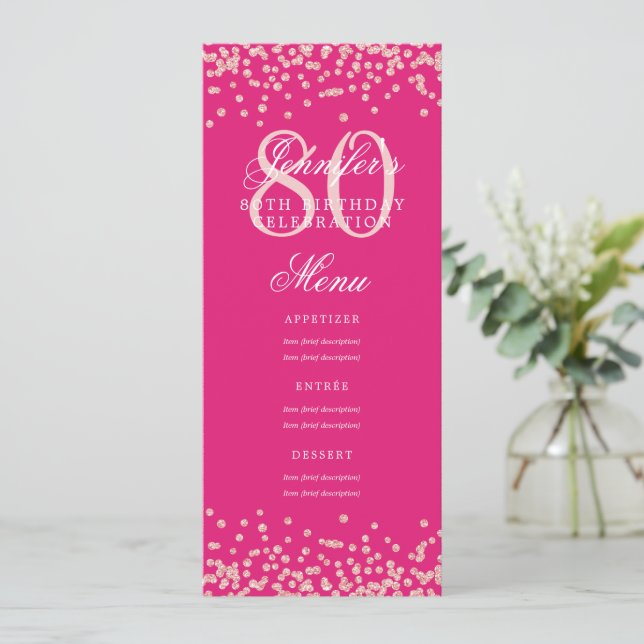 80:e födelsedag Menu Ro Guld Confetti Shock rosa Inbjudningar (Stående Fram)
