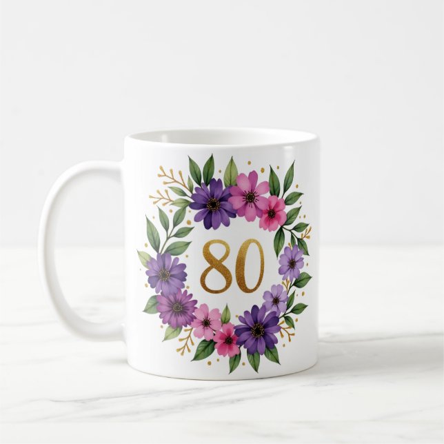 80:e födelsedag Mugg - Blommigt Utandning med Guld (Vänster)