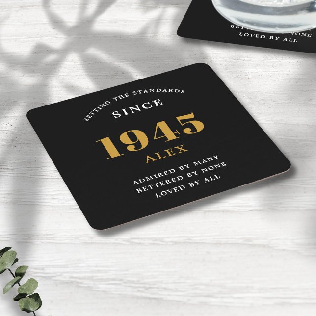 80:e födelsedag Namn 1945 Svarta Guld-Elegantens C Underlägg Papper Kvadrat (80th birthday personalized paper coaster)