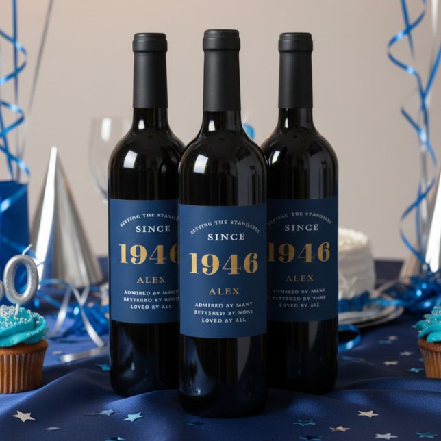 80:e födelsedag Namn 1946 Chic för Eleganten Blue  Vinflaska Etikett (Blue 1946 wine bottle labels )