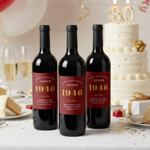 80:e födelsedag Namn 1946 Röda Guld Elegant Chic Vinflaska Etikett