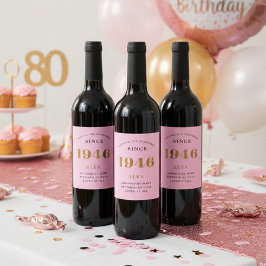 80:e födelsedag Namn 1946 Rosa Guld Elegant Chic Vinflaska Etikett