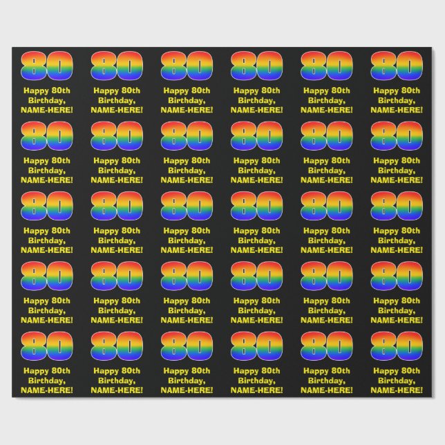 80:e födelsedag: Roligt, färgstark regnbåge inspir Presentpapper (Platt)