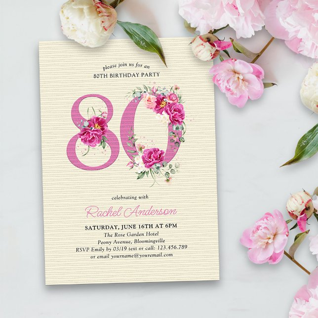 80:e födelsedag Rosa Peony-Blommigt nummer 80 Inbjudningar (80th Birthday Invitation with pink floral number 80 - elegant vintage design with roses and peonies)