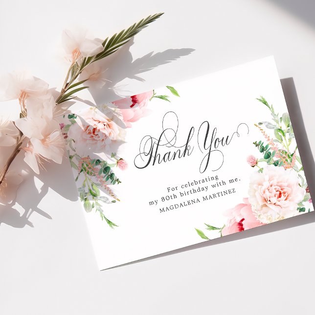 80:e födelsedag Rosa Peony-Blommigten Flat Tack Kort (Skapare uppladdad)