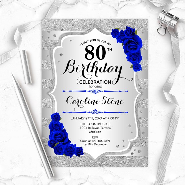 80:e födelsedag - Silver Rand Royal Blue Ro Inbjudningar (Skapare uppladdad)