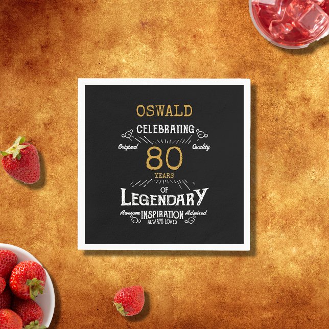 80:e födelsedag, svart Guld Retro Pappersservett (For those celebrating their 80th birthday we have the ideal birthday party napkins )