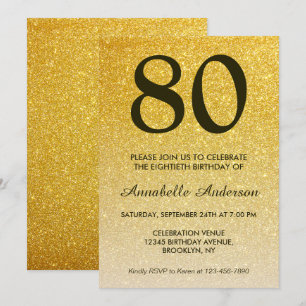 80:e födelsedag Svarta Guld Glitter-Gnistran Ombre Inbjudningar