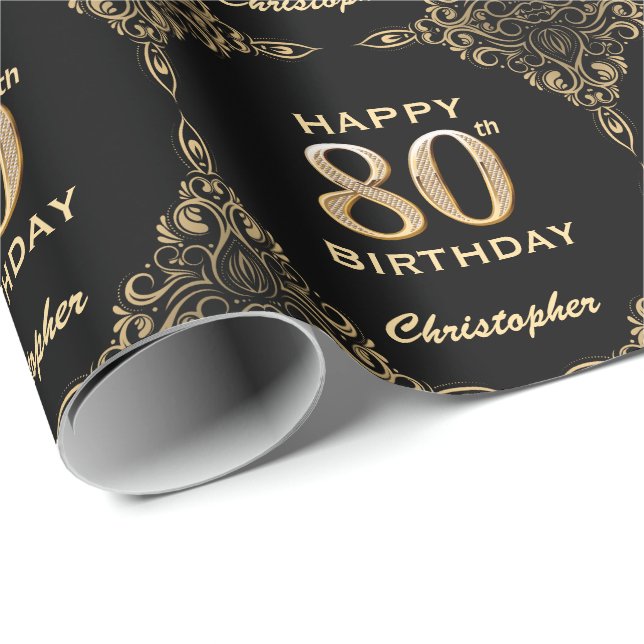 80:e födelsedag Svarta och Guld Glitter Ram Presentpapper (Rullad Hörn)