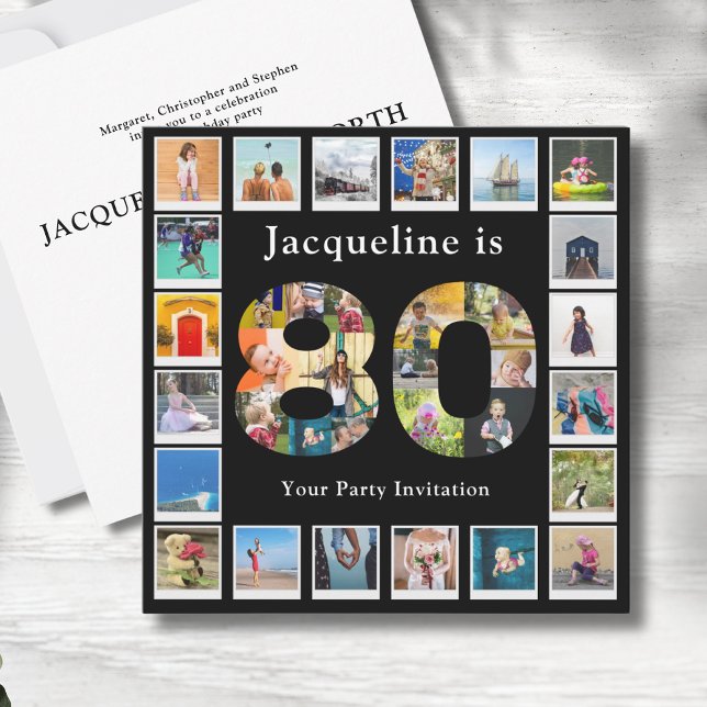 80:e födelsedag utforma en egen fotosamling inbjudningar (Personalized 80th birthday invitations with photo collage template.)
