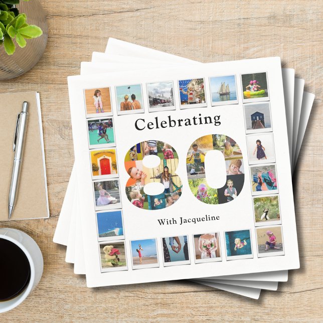 80:e födelsedag utforma en egen fotosamling pappersservett (Personalized 80th birthday party napkin with custom family photo collage template.)
