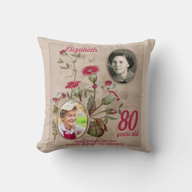 80:e födelsedag Vintage Blommigt Foto Kudde (Framsida)