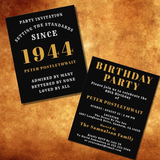 80:e födelsedagen 1944, svart Personlig Guld för h Flygblad (Elegant Black and Gold 80th Birthday Invitation - Create Your Own Personalized Design. )