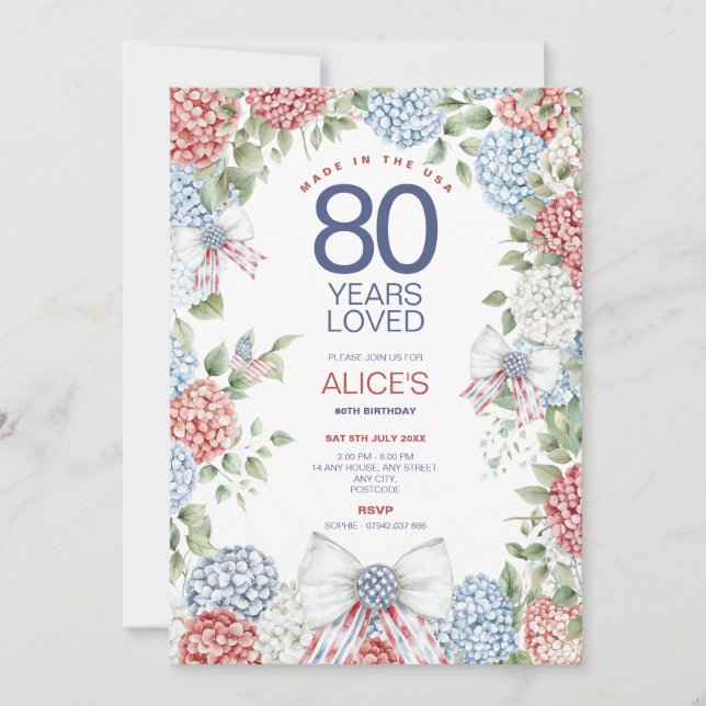 80:e födelsedagen, 4:e juli Röd vit och blå Blommi Inbjudningar (Framsida)