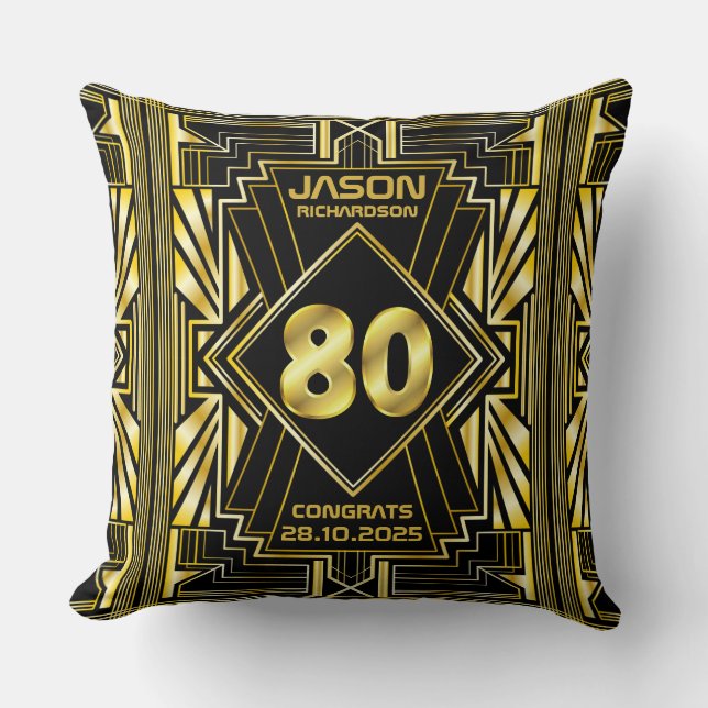 80:e födelsedagen Art Deco Guld Black Underbar Gat Kudde (Framsida)