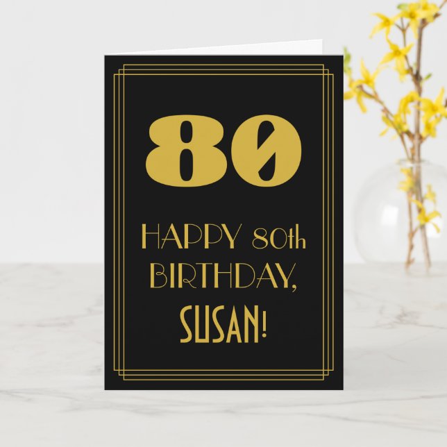 80:e födelsedagen - Art Deco Inspired Titta "80" & Kort (Gul blomma)