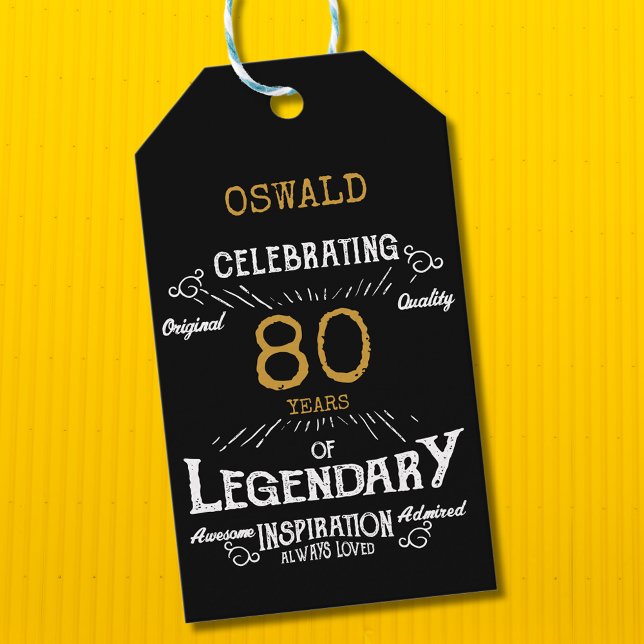80:e födelsedagen Black Guld Legendary Vintage Presentetikett (Personalized elegant 80th birthday vintage gift labels.)