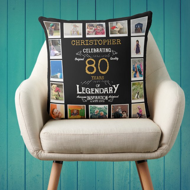 80:e födelsedagen Black Guld Photo Collage Kudde (Personalized 80th birthday gift throw pillow with 16 photos of your choice.)