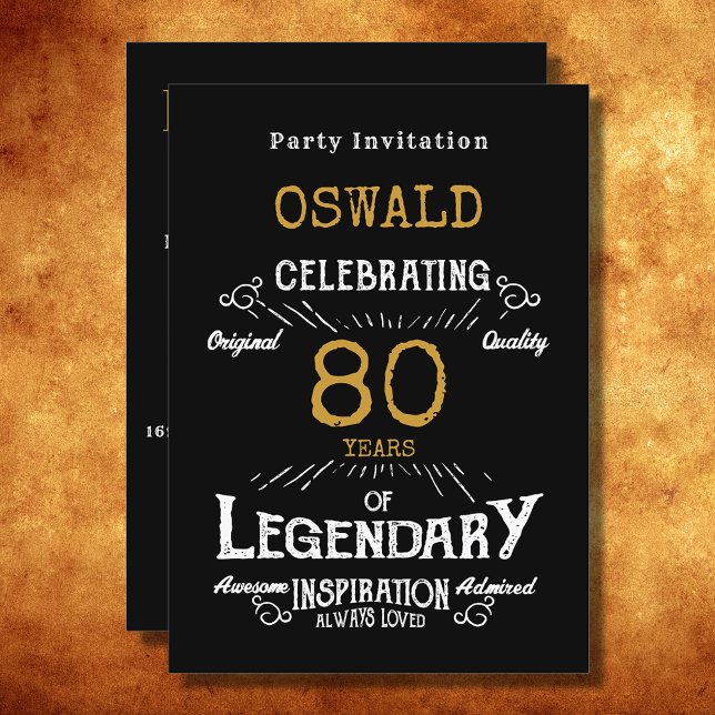 80:e födelsedagen Born Legendary Black Guld Retro Inbjudningar (For those celebrating their 80th birthday we have the ideal birthday party invitation)