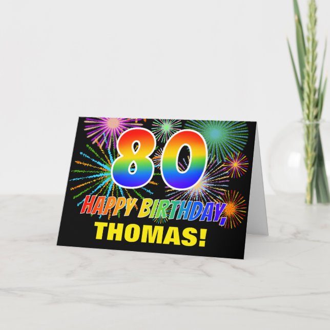 80:e födelsedagen: Fet, Roligt, Fireworks, Regnbåg Kort (Framsida)