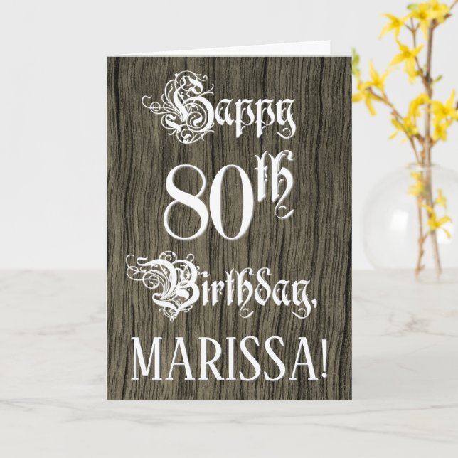 80:e födelsedagen: Finare, Elegant Text; Faux Wood Kort (Gul blomma)