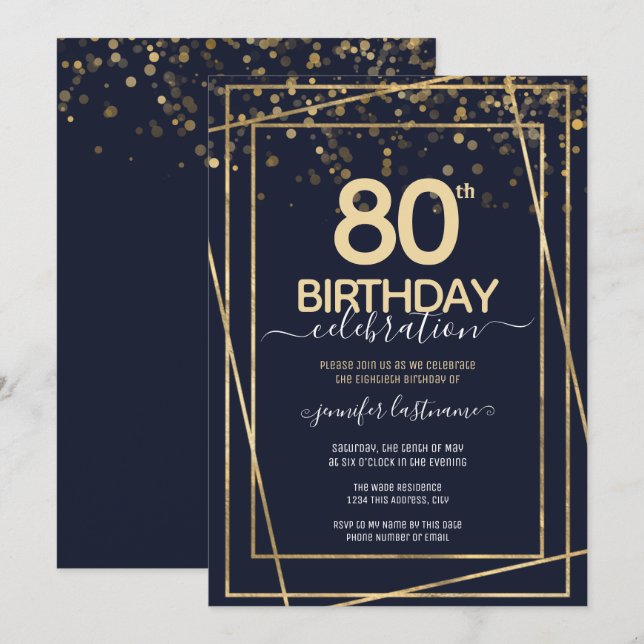 80:e födelsedagen Guld och Blå Inbjudningar (Fram/baksida)