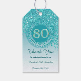 80:e födelsedagen i Modern Falling Teal Blue Glitt Presentetikett