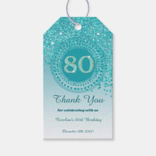 80:e födelsedagen i Modern Falling Teal Blue Glitt Presentetikett