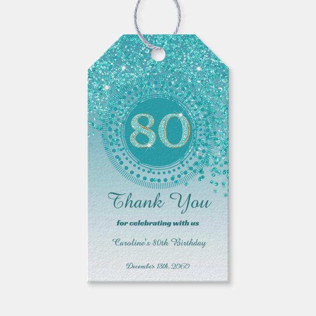 80:e födelsedagen i Modern Falling Teal Blue Glitt Presentetikett (Framsidan)