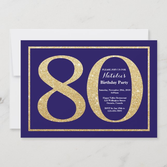 80:e födelsedagen - marinblått och Guld Glitter Inbjudningar (Framsida)