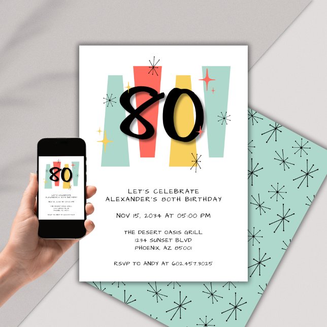 80:e födelsedagen Retro Midsekels moderna färgstar Inbjudningar (Skapare uppladdad)