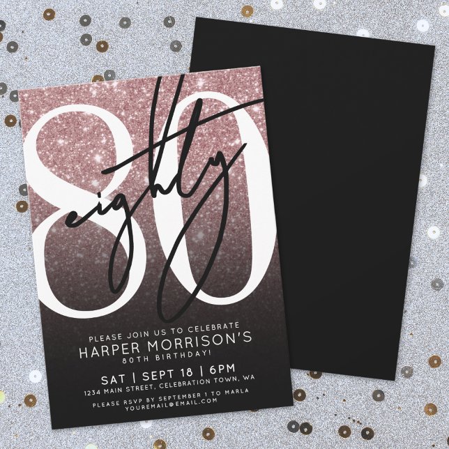 80:e födelsedagen ro Guld Glitter Inbjudningar (Rose Gold Glitter 80th Birthday Invitation )