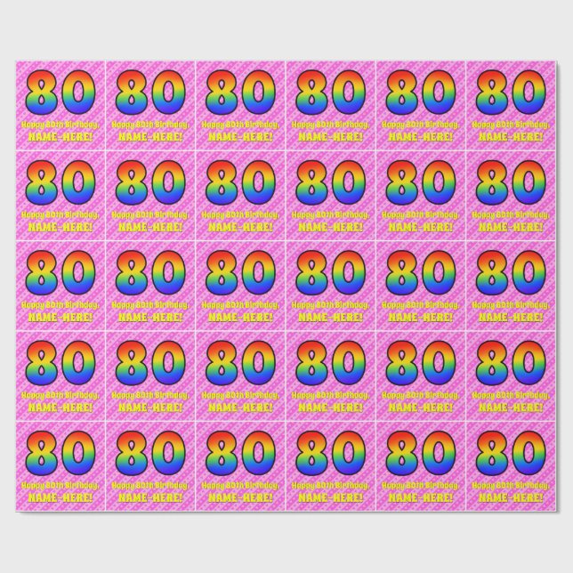 80:e födelsedagen: Rosa Rand & Hearts, regnbåge nr Presentpapper (Platt)