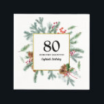80:e födelsedagen: Rustic Winter Grey Pappersservett<br><div class="desc">Röda bär och gräs är inkapslade i en rustik vinter-grön andedräkt. Det är ramar 80,  firarens namn och åttonde födelsedag. All text kan redigeras.</div>