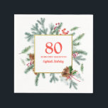 80:e födelsedagen: Rustic Winter Grey Pappersservett<br><div class="desc">Röda bär och gräs är inkapslade i en rustik vinter-grön andedräkt. Det är ramar 80,  firarens namn och åttonde födelsedag. All text kan redigeras.</div>