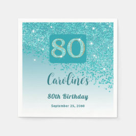 80:e födelsedagen Söt Teal Blue Glitter Napkins Pappersservett