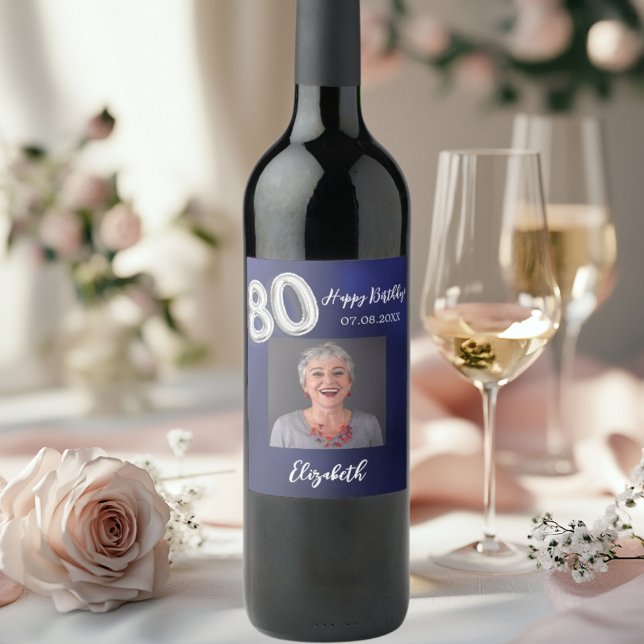80:e födelsedagets blå foto vinflaska etikett (Skapare uppladdad)