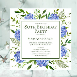 80:e födelsedagsblått Hydrangeas Blommigt Vattenfä Inbjudningar