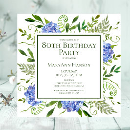 80:e födelsedagsblått Hydrangeas Blommigt Vattenfä Inbjudningar